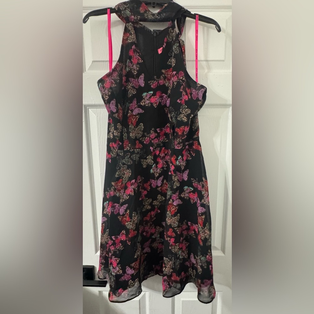 Betsey Johnson Black Midi Dress with Pink & Purple Butterfly Print